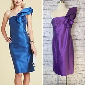 Worth One Shoulder Purple Cocktail Dress. Ruffle Detail. Sheath Style. Size 10.